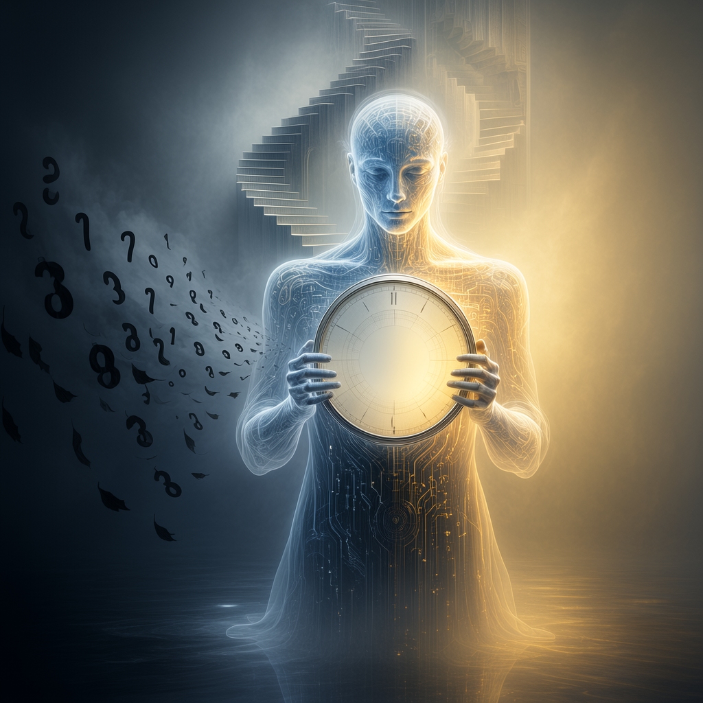 A translucent figure holds a handless, blank clock. On one side numbers and question marks scatter into darkness; on the other, a warm golden light. A surreal illustration of the weight of temporal knowing.